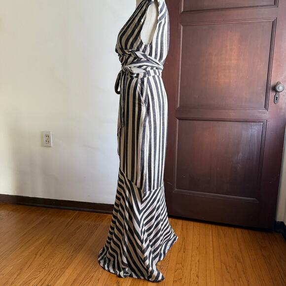 FREE PEOPLE | LA Baby Striped Wrap Cutout Midi Dress Gray White | Size 2 - Picture 3 of 7